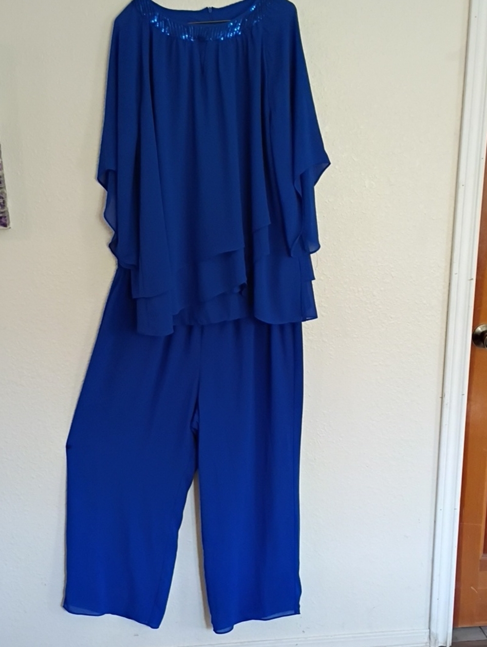 Layered Royal Blue Evening Jumpsuit with Sequin Trim